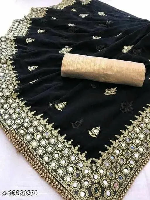 Georgette embroidered trendy saree with separate dupion silk blouse, free size, India-made