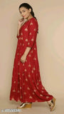 Maroon rayon gown with gold printed kurti, three-quarter sleeves, Indian traditional fashion