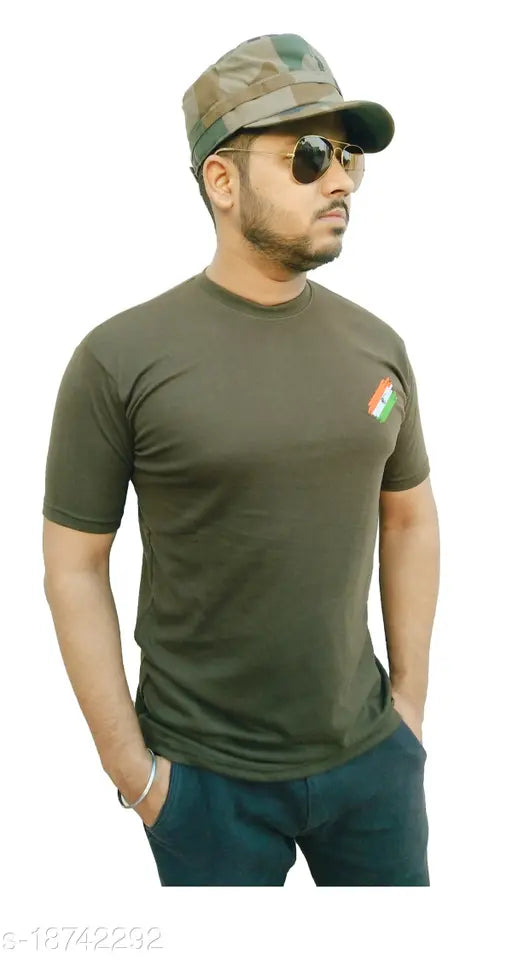 AXOLOTL Military Army Style Cotton Blend T-Shirt for Men - Short sleeves, embroidered net pattern, great for casual or sportswear, best paired with jeans or joggers. Made in India