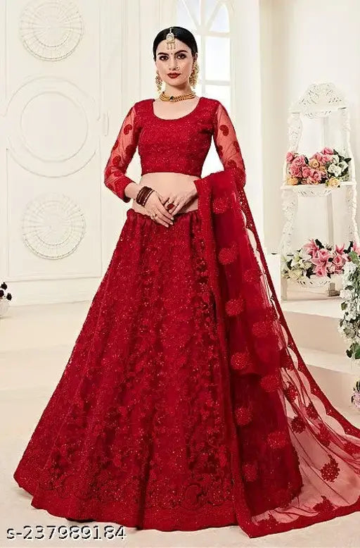 Embroidered semi-stitched net lehenga-choli set with matching dupatta, Indian handcrafted traditional attire