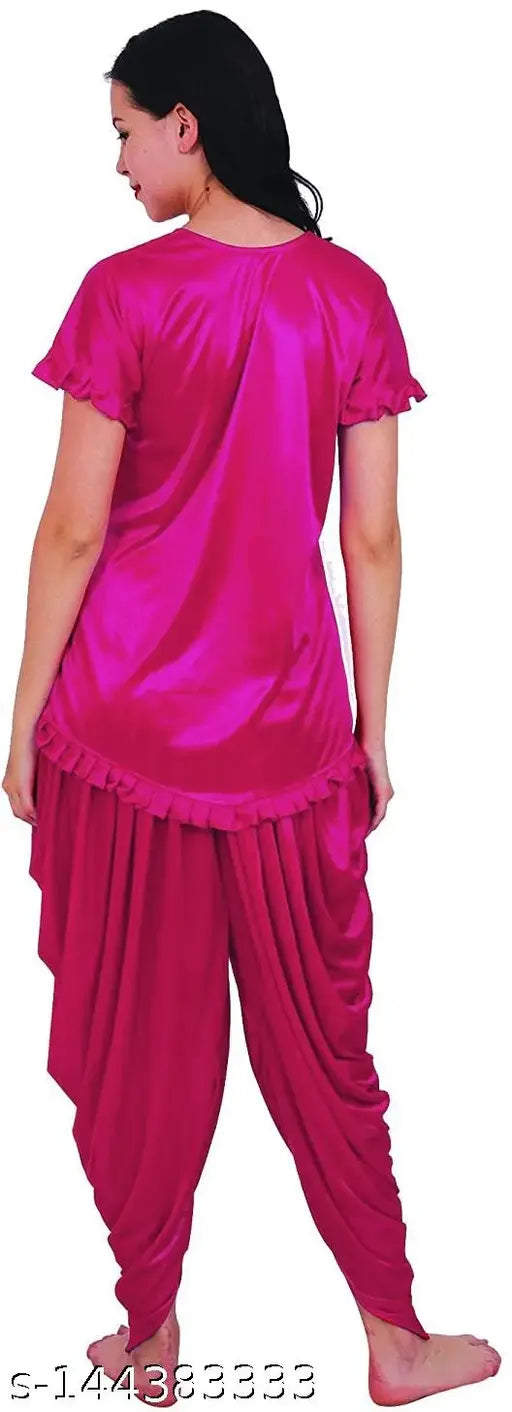 Pink Hub women's satin black and pink night suit set with short sleeves and elastic waist pants, solid pattern, India origin