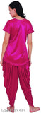 Pink Hub women's satin black and pink night suit set with short sleeves and elastic waist pants, solid pattern, India origin