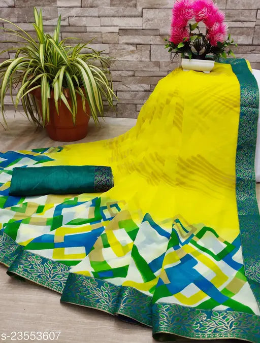 Fashionable Georgette saree with art silk blouse, printed pattern and lace border, India-made