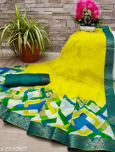 Fashionable Georgette saree with art silk blouse, printed pattern and lace border, India-made