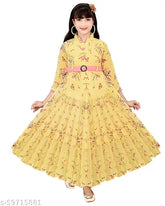 Yellow rayon ethnic gown for girls (India), three-quarter sleeves, printed net pattern. Sizes available: 4-5Y, 5-6Y, 6-7Y, 7-8Y, 8-9Y, 9-10Y, 10-11Y, 11-12Y, 12-13Y, 13-14Y
