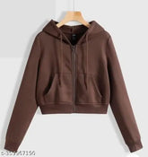 Fleece crop hood jacket, solid-colored fleece jacket for women with long sleeves, cropped fit, size S (bust 34in, length 20in), made in India