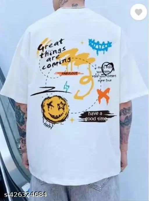 Men's oversized printed round neck T-shirt, polyester, short sleeves, cool design on front, India origin