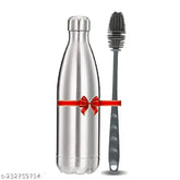 Silver stainless steel 500ml water bottle for fridge, school, gym, home, office, kids, leak-proof with long-handle silicone brush for easy cleaning