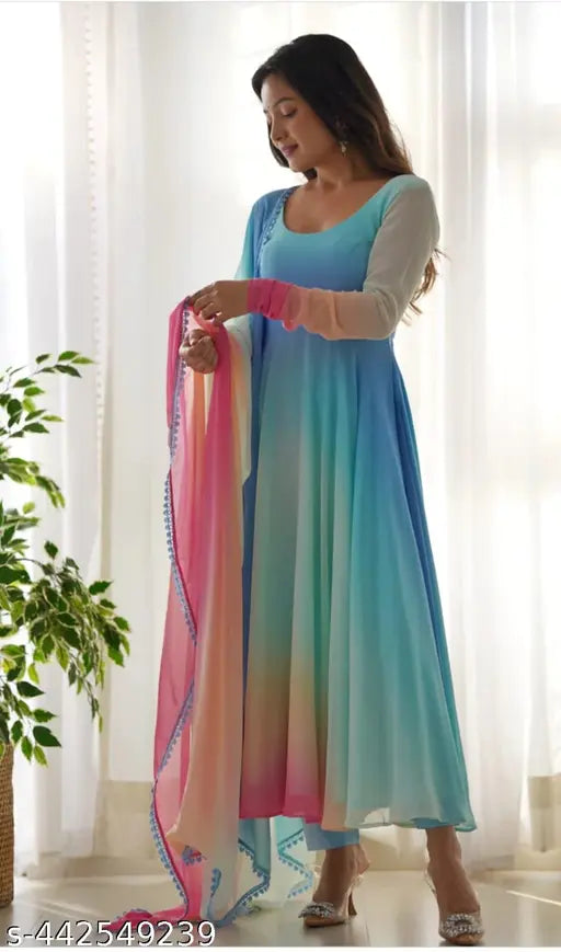 Georgette Anarkali dress and dupatta, solid-colored Indian traditional wear for women, three-quarter sleeves