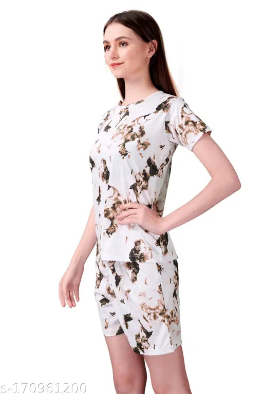 Colorful printed silk top & shorts set (S, M, L, XL) - Attractive dailywear for women's sleepwear or loungewear