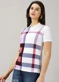 Multicolor cotton blend checked polo t-shirt for women, ideal for summer wear and casual outfits