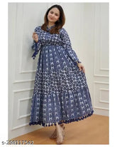 Rayon Indigo Printed Anarkali Mandarin Neck Dress, full sleeves with pom poms on sleeves and border, button-front neckline, size S-XXXXL
