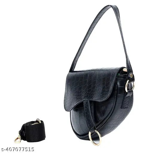 Stylish black PU textured structured sling bag for women and girls. Compact, adjustable belt, ideal for multiple occasions. Indian-origin quality accessory