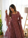 Indian-origin Georgette Anarkali gown with dupatta, printed net pattern, long sleeves