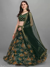 Embellished green organza choli and net dupatta set with botanical print, semi-stitched or free size