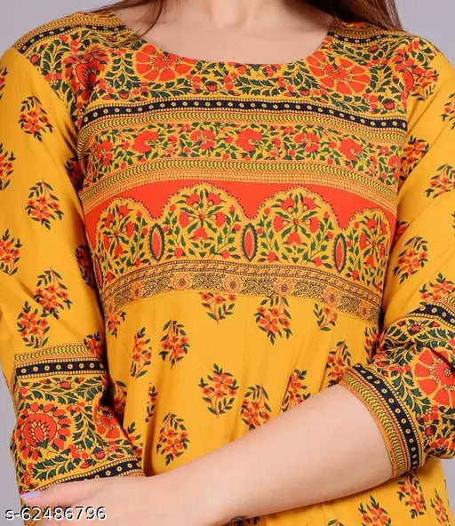 Indian rayon printed long kurta with 3/4 sleeves, cotton fabric and vibrant pattern