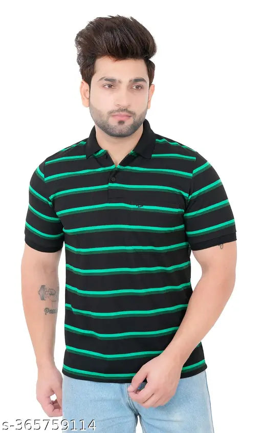 Breathable polyester striped polo shirt, cuffed sleeve, chest pocket design for men's summer wear