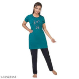 Dark green navy cotton women's night suit with flower print, short sleeves, round neck, ideal for relaxation and comfort