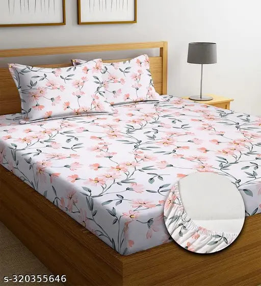 Printed 250 TC Premium All-Around Elastic Fitted Double Bed Sheet with 2 Large Pillow Covers (78x72x8 inches), cotton, floral design, India. (Elastic fitted double bed sheet with pillow covers, premium quality cotton bedsheet set, non-slip and easy to fit)