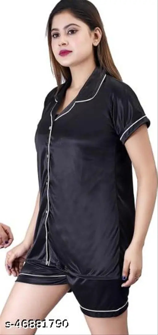 Satin Women's Night Suit & Nightdress set - 4pcs Ansh collection, solid pattern sleepwear from India