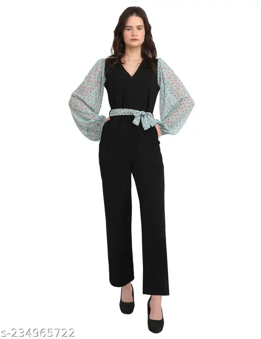 Stylish Lycra jumpsuit in floral georgette, tailored sleeves and matching waist belt, size L or XL, Indian designer apparel