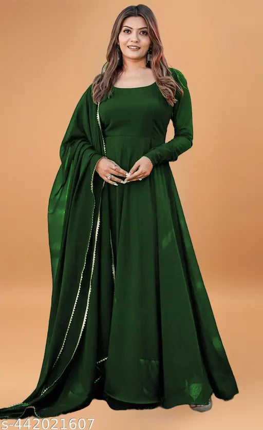 Green Georgette Stitched A-line Dress - Sophisticated, vibrant, and elegant evening wear for special occasions, featuring intricate stitching on luxurious green georgette fabric. Perfect with gold or silver jewelry, high heels, and a clutch bag. Available in sizes S, M, XL from India