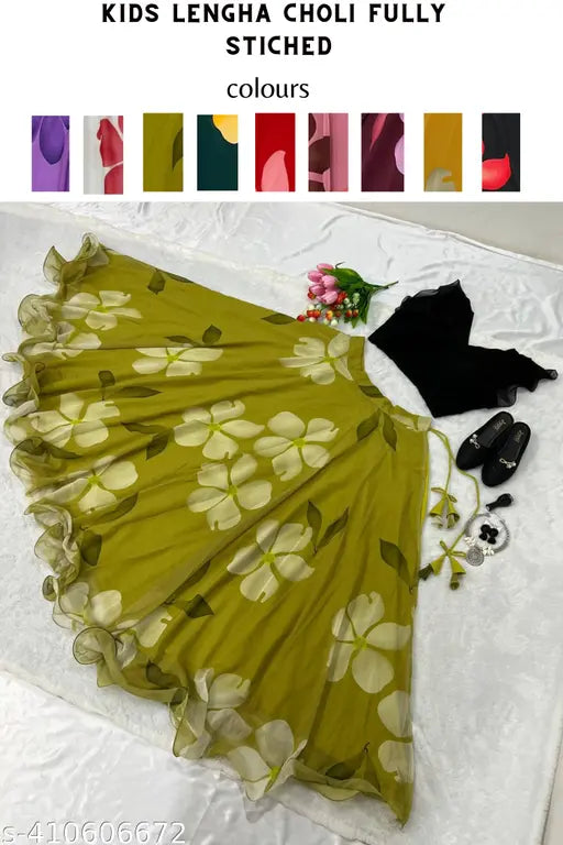 Agile Stylish Kids Georgette Lehanga Choli, full-stitched ethnic party wear for 3-8 years. Floral design, three-quarter sleeves, elasticated waist and elasticized hemline, organza accents. Indian origin