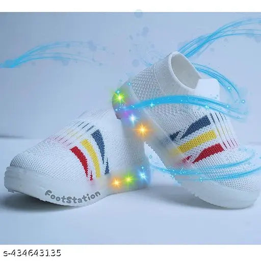 Breathable LED LightUp shoes, shock absorbing & soft sole Mocassins for energetic kids, striped design, slip-on, India