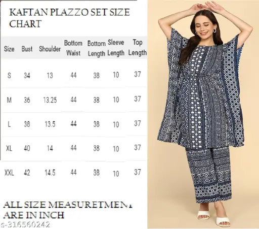 Printed rayon kaftan & palazzo set with intricate lace detailing, suitable for wedding events
