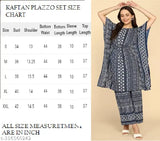 Printed rayon kaftan & palazzo set with intricate lace detailing, suitable for wedding events