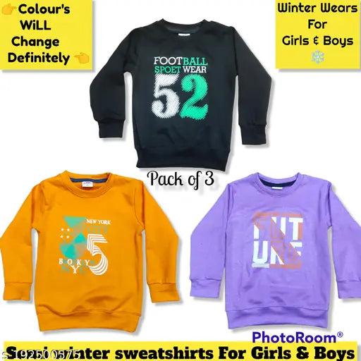 Kids girls winter fleece sweatshirt, cotton blend with printed net design, super quality for kids' winter wear (3 pack). Sizes: 2-3 years (Bust 12in, Length 15in, Waist 10in), 3-4 years (Bust 13in, Length 16in, Waist 11in), 4-5 years (Bust 14in, Length 17in, Waist 12in). Made in India