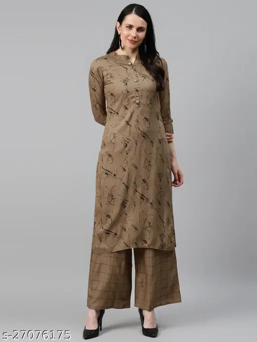 Brown rayon kurta palazzo set, printed calf-length, straight fit, mandarin collar, regular sleeves