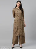 Brown rayon kurta palazzo set, printed calf-length, straight fit, mandarin collar, regular sleeves