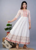 Rayon embroidered anarkali kurti with three-quarter sleeves, Indian women's fashion on mannequin (S: Bust 36in, M: Bust 38in)