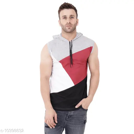 Multicolor cotton blend sleeveless hood t-shirt with colorblocked pattern. Close-up view showcasing vibrant hues