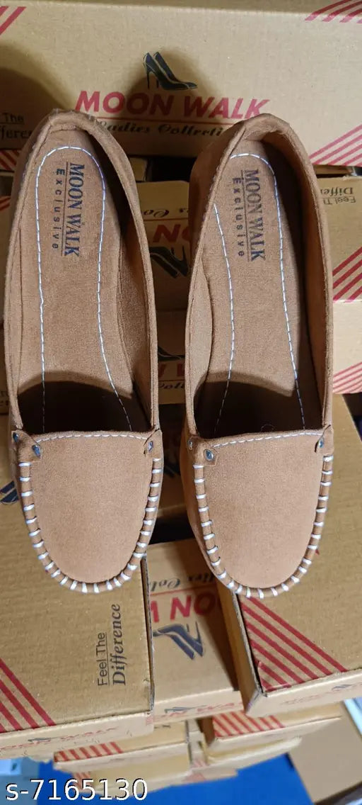 Tan velvet soled Moonwalk Bellies for women, casual footwear with TPR pattern, size IND-4 to IND-8