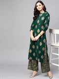 Green Rayon Kurta Set with Palazzos, printed net design, three-quarter sleeves. Single size L (Bust 40in, Shoulder 14in, Waist 38in, Hip 44in, Length 46in, Bottom Waist 38in, Bottom Hip 44in, Bottom Length 39in), made in India