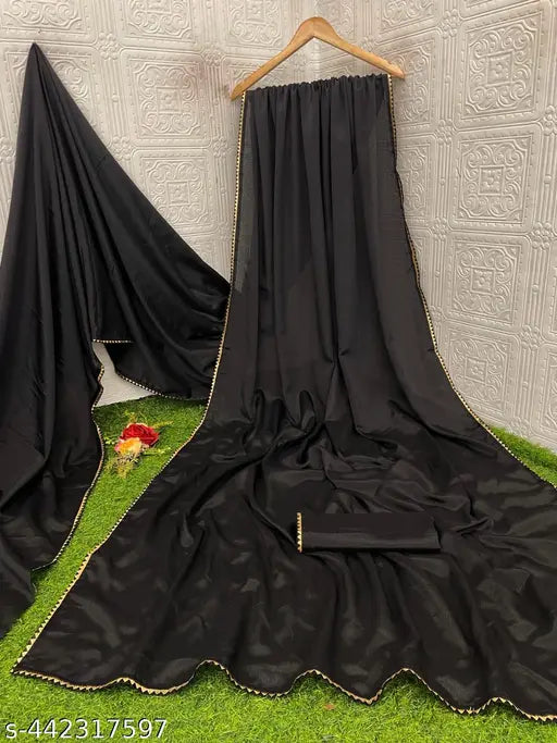 Vichitra Silk saree with separate blouse, solid pattern and brocade work, perfect for parties or daily wear, free size (5.5m saree length, 0.8m blouse length). Indian-made