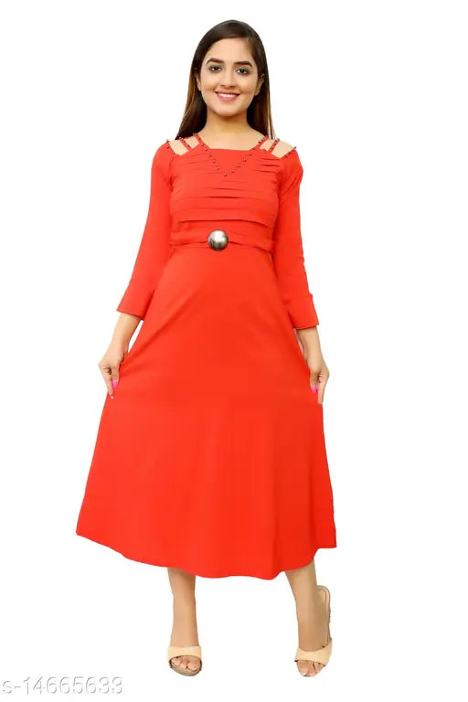 Cotton blend girls' aline midi, solid net in three-quarter sleeves - fashionable for 11-14 years old, Indian-made