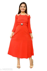 Cotton blend girls' aline midi, solid net in three-quarter sleeves - fashionable for 11-14 years old, Indian-made