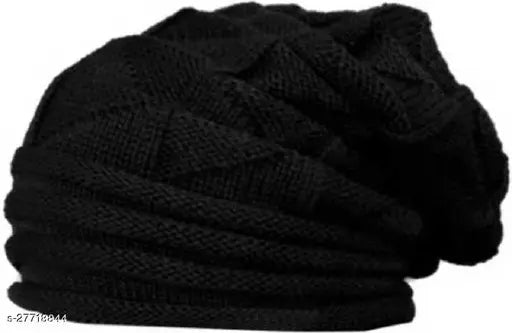 Black wool beanie, modern men's caps & hats - textured design from India