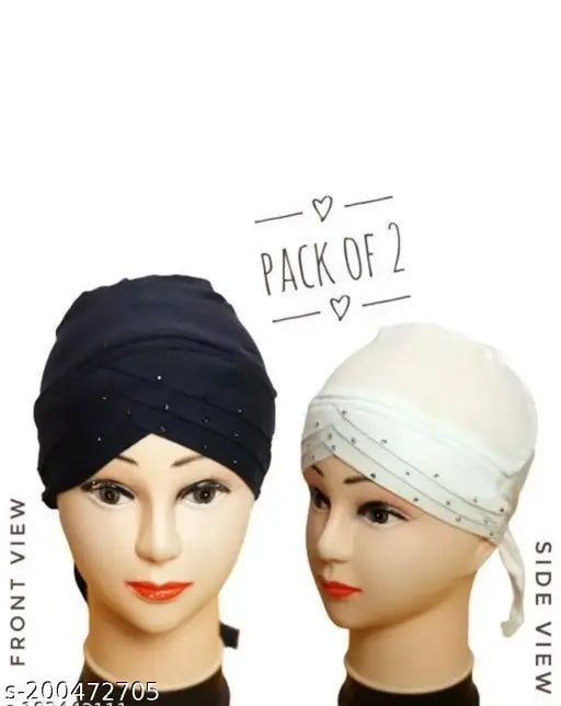 White-Black Cotton Canvas Under Hijab Cap Set, Indian-made modern Muslim headwear pack of 2