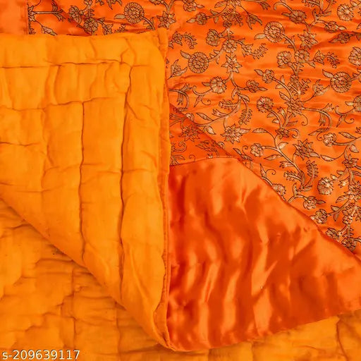 Double orange satin Jaipuri print Rajasthani blanket/comforter, soft and heavy for winter use, 254cmX228.6cm