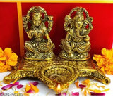 Brass Ganesh-Laxmi idol with diya, traditional home decor for Diwali Pooja or office space
