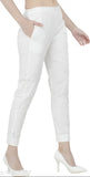 White lumlum cotton-lycra slim fit trousers for women, ideal for city fashion. Soft and comfortable, suitable for various tops or kurta styles. Available sizes: 26-38 inches waist, 24.5-37 inches length