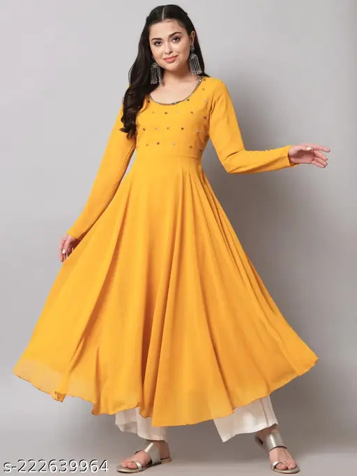 Georgette anarkali kurta, solid color, long sleeves, hand-embroidered neck & front yoke, ankle length, lining included, size XS (34in bust, 49in length)