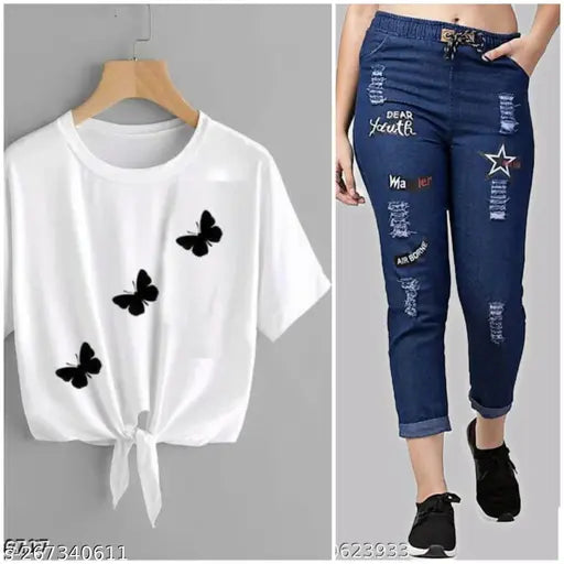 Trendy cotton blend denim joggers and sleeveless t-shirts combo pack2, unique style for fashionable wear from India