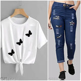 Trendy cotton blend denim joggers and sleeveless t-shirts combo pack2, unique style for fashionable wear from India