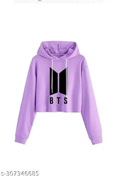 BTS printed cotton blend crop hoodie for women, stylish casual trendy design