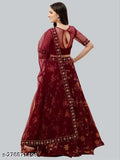 Embroidered net lehenga set, floral print with solid dupatta, semi-stitched (40m/42m/2.1in), Indian women's traditional wear